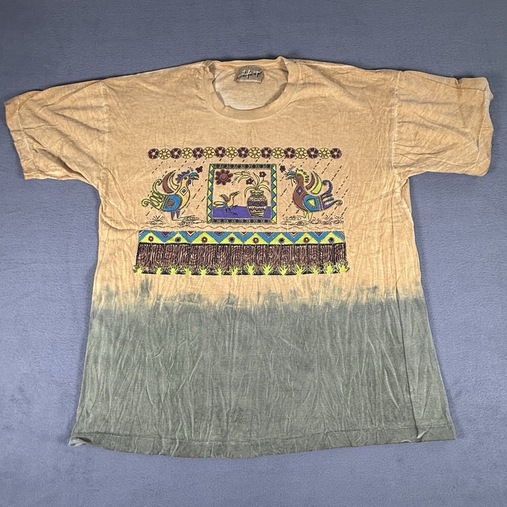 Vintage 90s NATIVE AMERICAN ART ANIMALS Two Tone T-Shirt XL Single Stitch